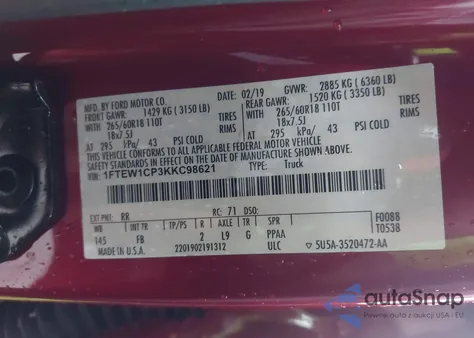 2019 Ford F-150 Xlt from USA, damaged, VIN 1FTEW1CP3KKC98621